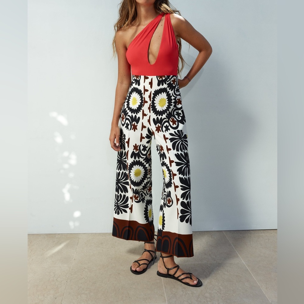Zara Palazzo Pants Print High Waist Wide Leg Size XS